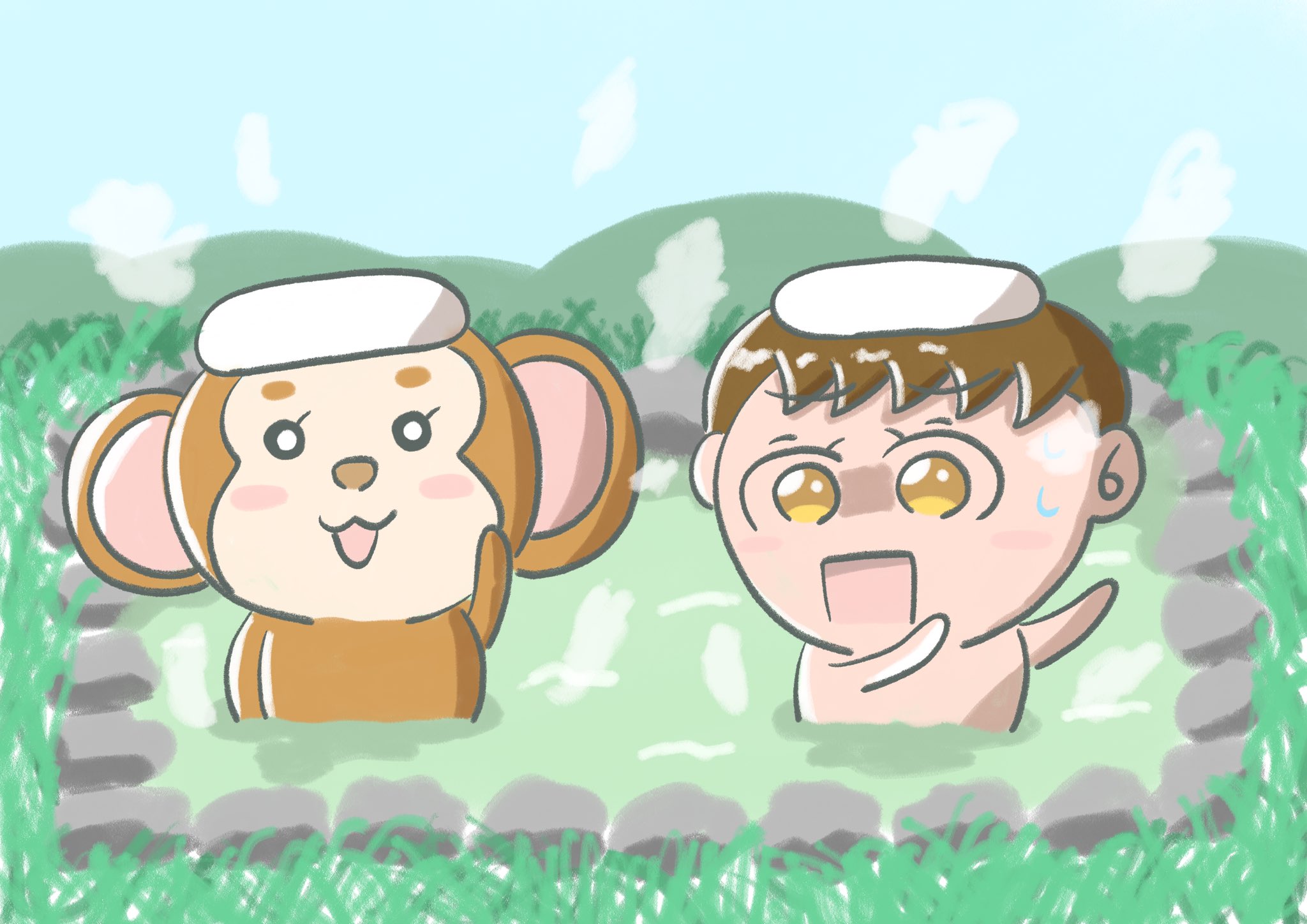 Aki かわいい子供 動物イラスト描きます 温泉で猿に遭遇した男の子 イラスト かわいいイラスト Illustration イラスト好きな人と繋がりたい 絵描きさんと繋がりたい T Co O8vedwkbak Twitter