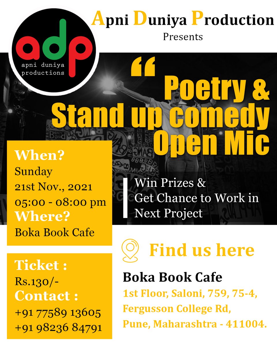 ApniDuniyaProd1's tweet photo. Apni Duniya Production Presents
"Poetry, Storytelling and StandUp Comedy Event"
Sunday, 21st Nov. 2021, 05:00 to 08:00 pm
#apniduniyaproduction #events #poetry #standupcomedy #openmic #sunday #pune 
Call / WhatsApp : 7758913605 https://t.co/piGn5XXPjE