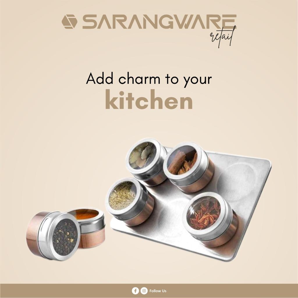 sarangware's tweet photo. This Shri &amp; Sam Spice Jar Set contains six various containers that may be used to store key spices or flavours for your regular dishes, making it ideal for many sorts of kitchens. 
#sarangware #spicejar #spicejarset #comboset #shriandsam #shriandsamspicejar #sevenspicejarset https://t.co/nMslSe6gPM