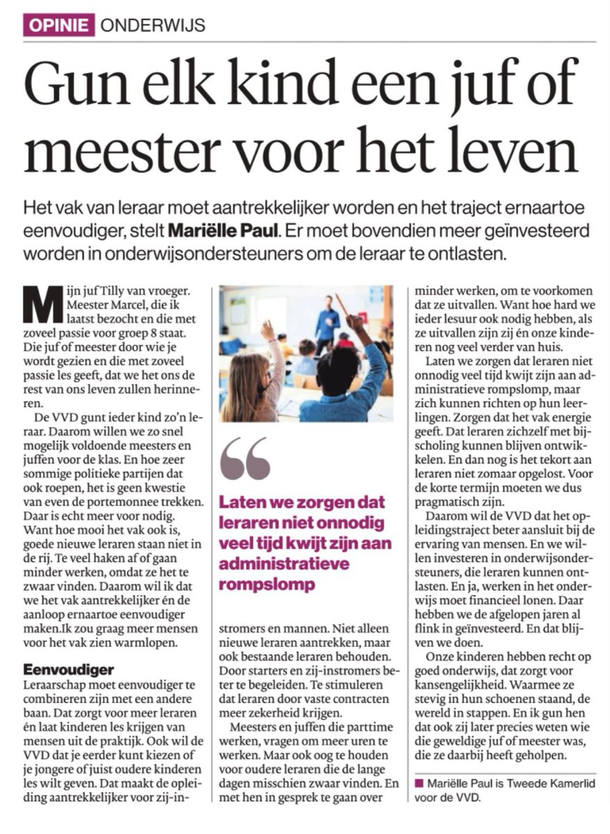 marielle_paul's tweet photo. Vandaag mijn opiniestuk in het @ADnl over hoe we het leraarschap aantrekkelijker kunnen maken en de weg ernaartoe eenvoudiger.

#onderwijs #leraren https://t.co/CaIh7I1g9r
