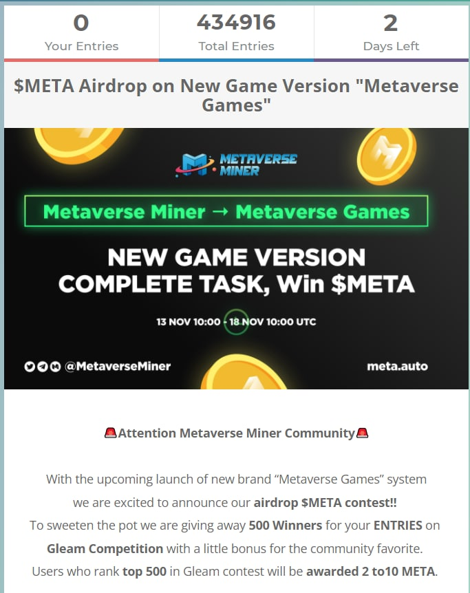 MetaverseMiner's tweet photo. 😍Current Top 100 ranking list of $META Airdrop gleam event

👉🏻Total Users: 7399
💙1st place: 3071 Entries
💙100th place: 92 Entries

See where you rank 👉 https://t.co/FRpoYxPHGJ ! 🤩

The event is still ongoing, 2 days left!!!🚀🚀🚀

Complete Tasks👉🏻 https://t.co/oDWz7XnrIK https://t.co/JosfV4sqNN