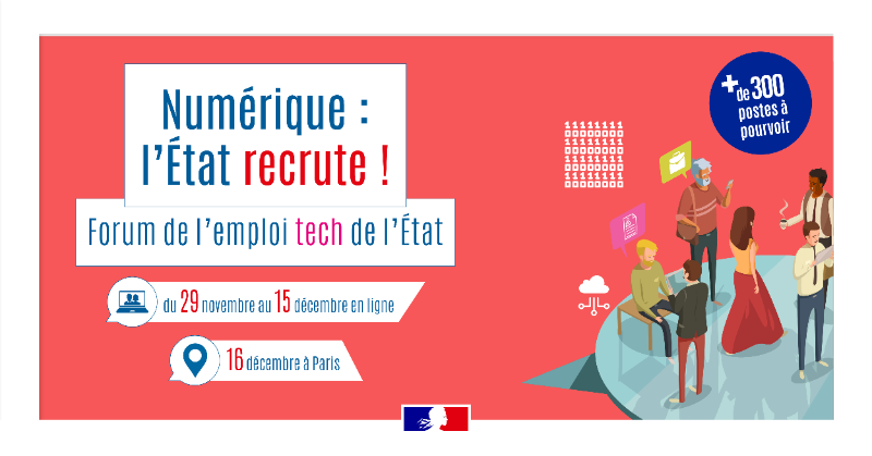 Numerique_Gouv's tweet photo. 👨‍💻👩‍💻 #Numérique : l'État #recrute ! Plus de 300 postes à pourvoir, dans de nombreux métiers.

Retrouvez-nous au forum de l'#EmploiTech de l’État, du 29 novembre au 16 décembre 2021.