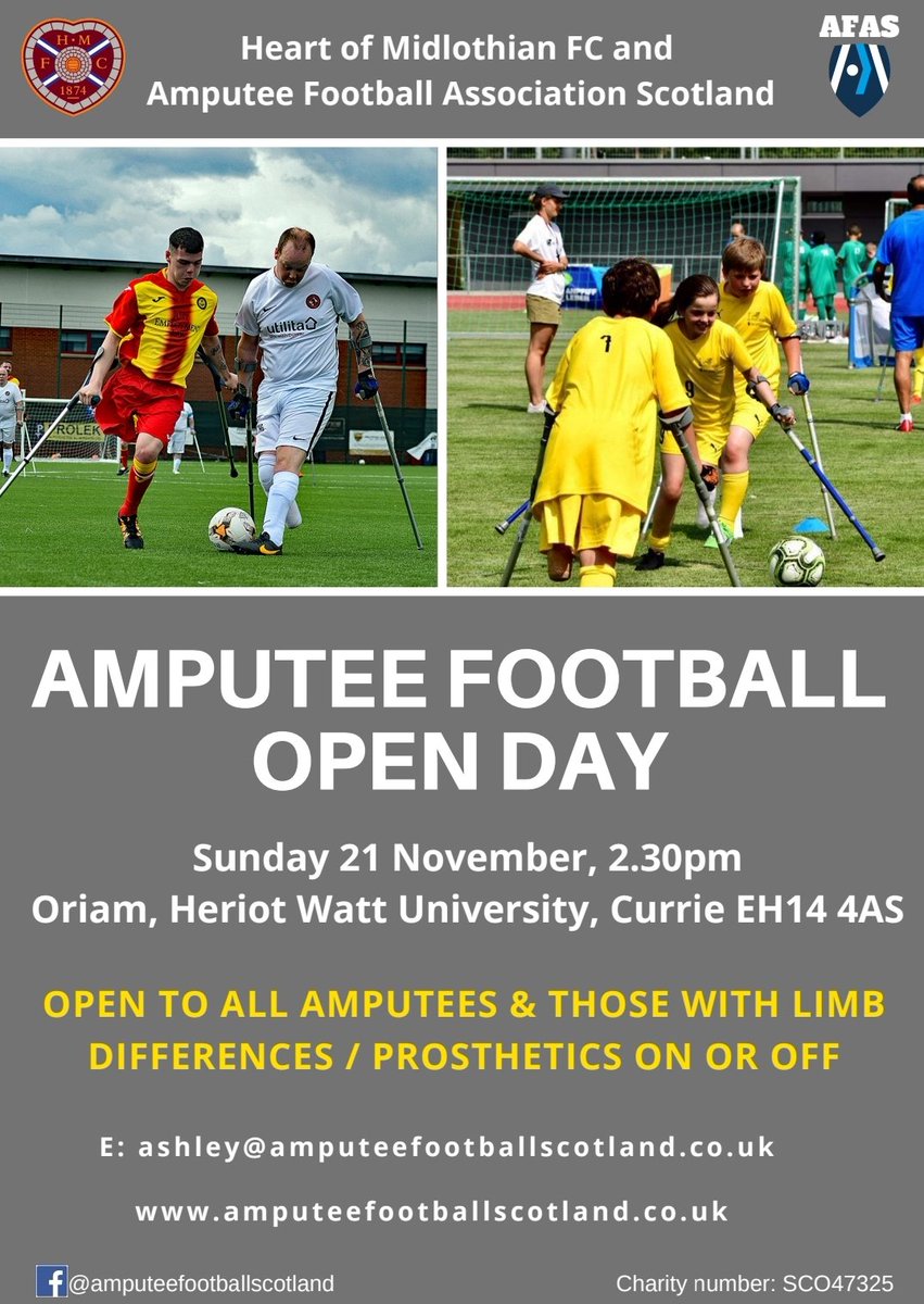 Thrilled to be working with <a href="/JamTarts/">Heart of Midlothian FC</a> to host an #amputeefootballscotland open day on Sunday 21 Nov at 2.30pm at <a href="/Oriamscotland/">Oriam Scotland</a>. #legoffgameon