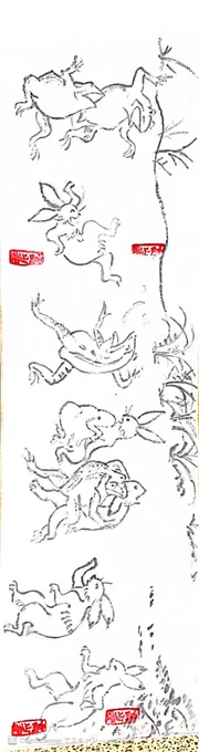 うちの子が学校の美術で描いた
鳥獣戯画見て。模写に自分が考えた絵を足す課題見たいです。
自慢していい?親バカすまん。
 #鳥獣戯画 