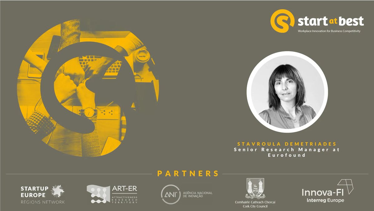 📅 23 November 2021
⏰ 10:15 CET
📢 Join Stavroula Demetriades <a href="/eurofound/">Eurofound</a> session from "Investing in people-centered practices for innovation in the post-pandemic era" in the <a href="/StartatBest/">Start at Best</a> Final Event. Register to the event 👉 buff.ly/30rZhAJ
#workplaceinnovation #project