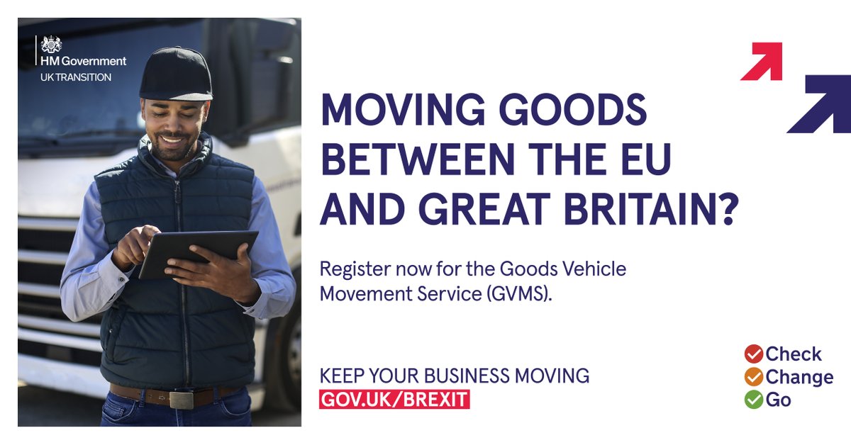 HMRCgovuk's tweet photo. From 1 January 2022, you must be registered for GVMS if you move goods commercially between the EU and Great Britain, or you won’t be able to cross the EU/GB border. Our new leaflet explains who must register and how to do so. Go to https://t.co/X3vwaUznRY https://t.co/rurQmjJJzY