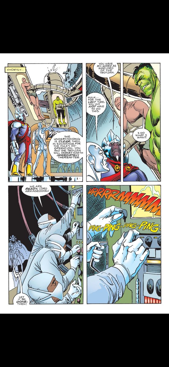 allthingshulk's tweet photo. At Freehold Banner learns that Armageddon wants to use Hulk as a power source to bring his son back to life. Hulk agrees but it is a trick. He overloads the machine with Gamma radiation. Armageddon admits defeat and leaves https://t.co/JecV2Da0KD