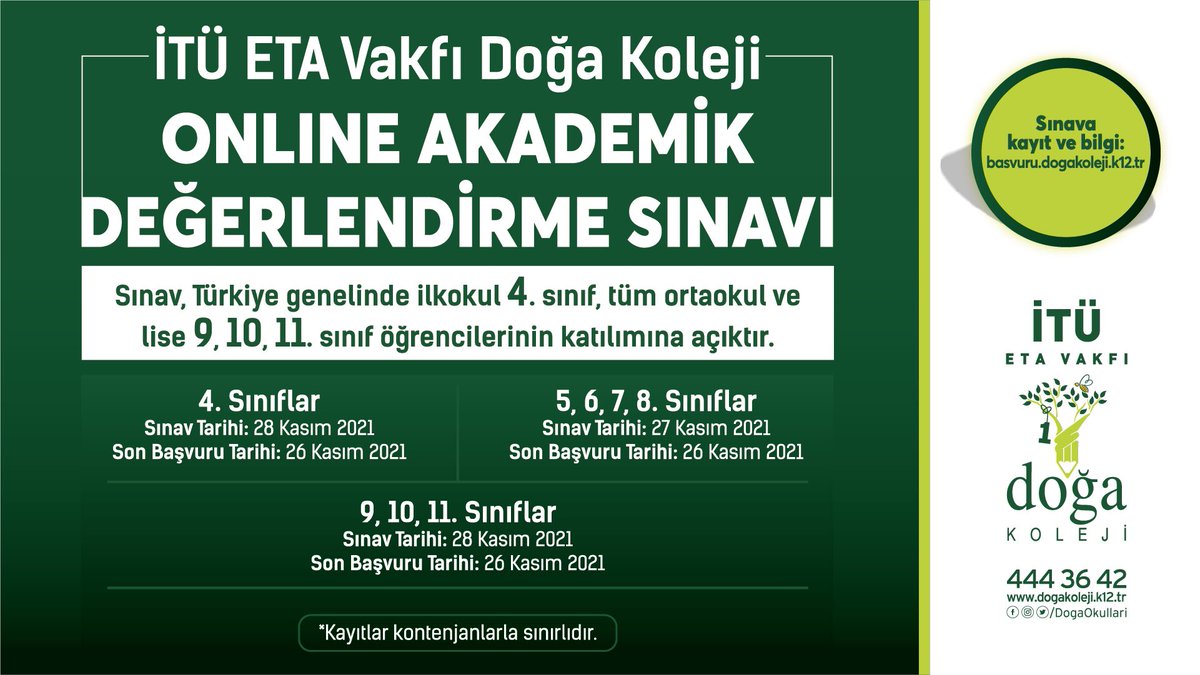 İTÜ ETA Vakfı Doğa Koleji Online Akademik Değerlendirme Sınavı başvuruları devam ediyor! 
Sınava kayıt ve bilgi için👇
basvuru.dogakoleji.k12.tr