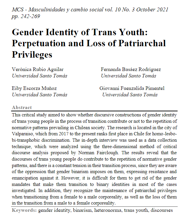 guillermolegor's tweet photo. 🆕Article on the latest issue of #Masculinities and Social Change📌
"Gender Identity of Trans Youth: Perpetuation and Loss of Patriarchal Privileges 👉 https://t.co/WiHWR9OH1O
#binarism #transyouth #discourses #heteronorma #genderidentity @HipatiaPress @oriosgon https://t.co/dOpLt4Xy9t