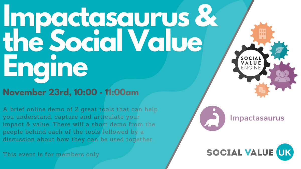 InstituteforSV's tweet image. Just a week to go until our session with @impactasaurus &amp;amp; @sroicalc! 🚨

A brief online demo of 2 great tools that can help you understand, capture and articulate your impact &amp;amp; value. Lots of opportunity for questions too!

Members only, register here - buff.ly/3oe6ZYY