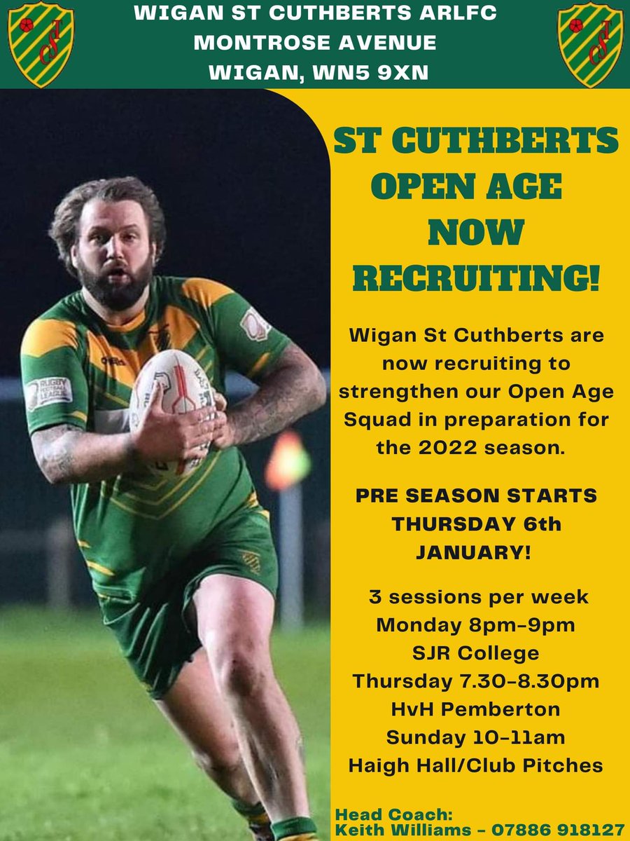 🏉 WSC OA RECRUITING FOR 2022 🏉
Player numbers are building &amp; team morale is high. 
WSC OA are actively recruiting new players to bolster our established squad. New and returning players welcome. Pre Season Training kicks off on the 6th January 2022!
💚💛 #wscopenage #upthecuths
