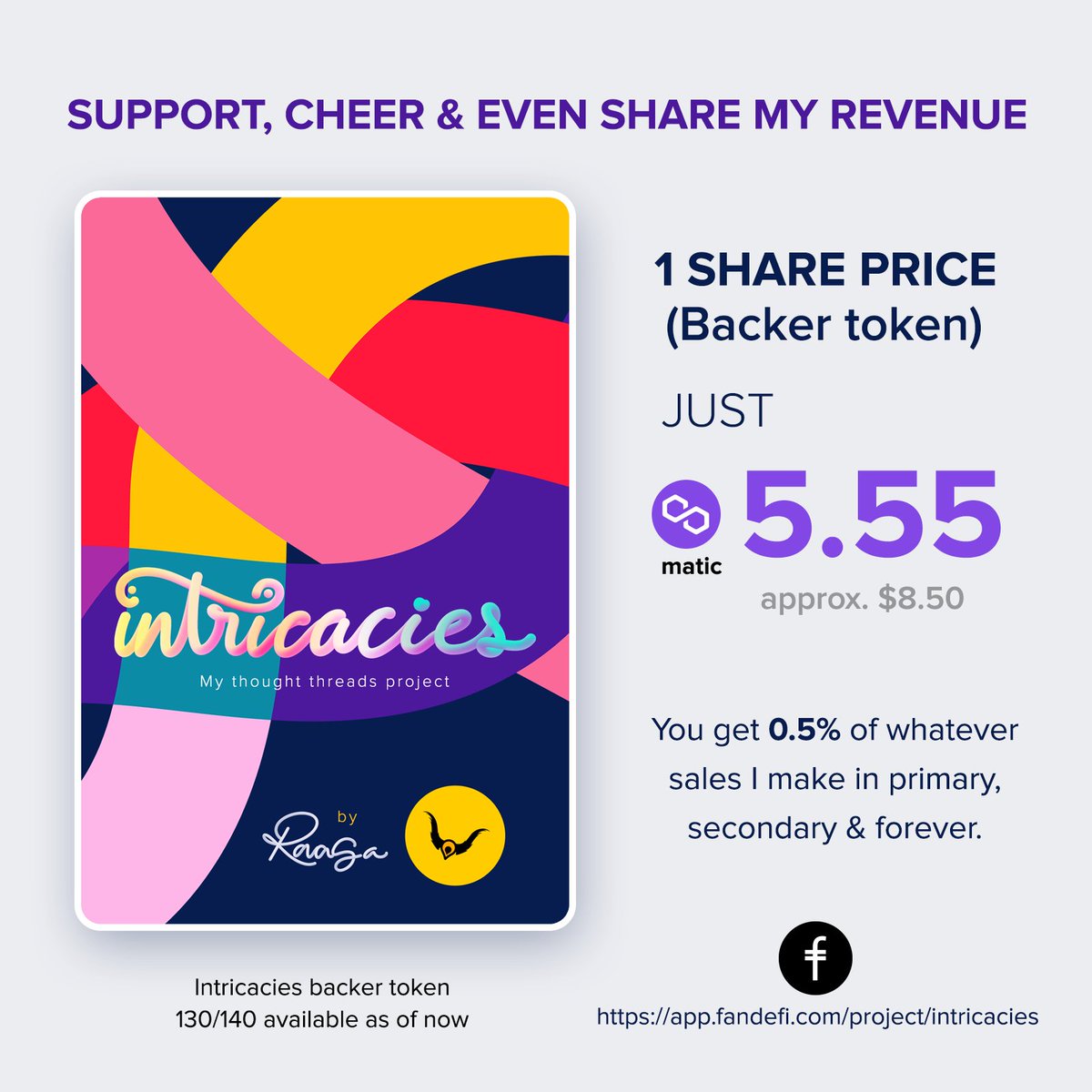 raasolio's tweet photo. Good Exciting Evening!!

What if I say you could own a share in my 'Intricacies' project? Yes!! You can.

Own 0.5% of my project for just 5.55 Matic.
https://t.co/HrPUD9Losg

Every sale I make you get revenue directly deposited into ur wallet. Even from secondary sales. Forever. https://t.co/5wNXYQhkae