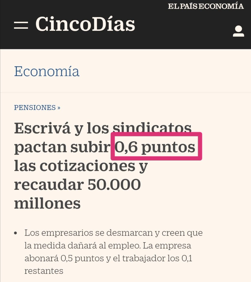 ⛔ BULO de <a href="/SG_UGT/">Pepe Álvarez</a>. "Hemos alcanzado un acuerdo que garantiza el futuro de las pensiones, con la subida de las cotizaciones de un 0,6%..."

❌ FALSO: La subida es de 0,6 puntos, es decir, de un 2,1%. En régimen general pasan del 28,3% al 28,9%.
