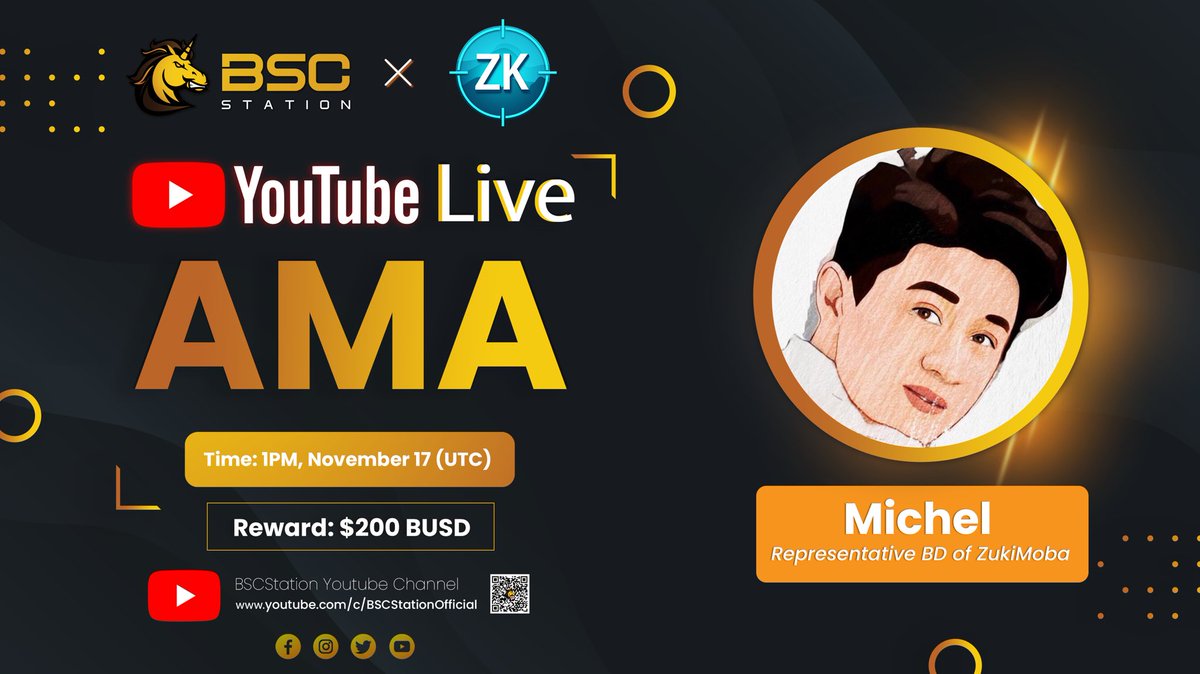 BSCS_Global's tweet photo. Join us tomorrow with @ZukiMoba on BSCStation YouTube channel!

⏰ 1pm, November 17 (UTC)
🎁 $200 ($30 each for 5 best questions on livestream + $50 Twitter giveaway)
📍Venue: https://t.co/b0uSWVJ9C7

🐦 5 Twitter users who like, retweet &amp; tag 3 friends will receive $10 each https://t.co/aIQefc5r8v