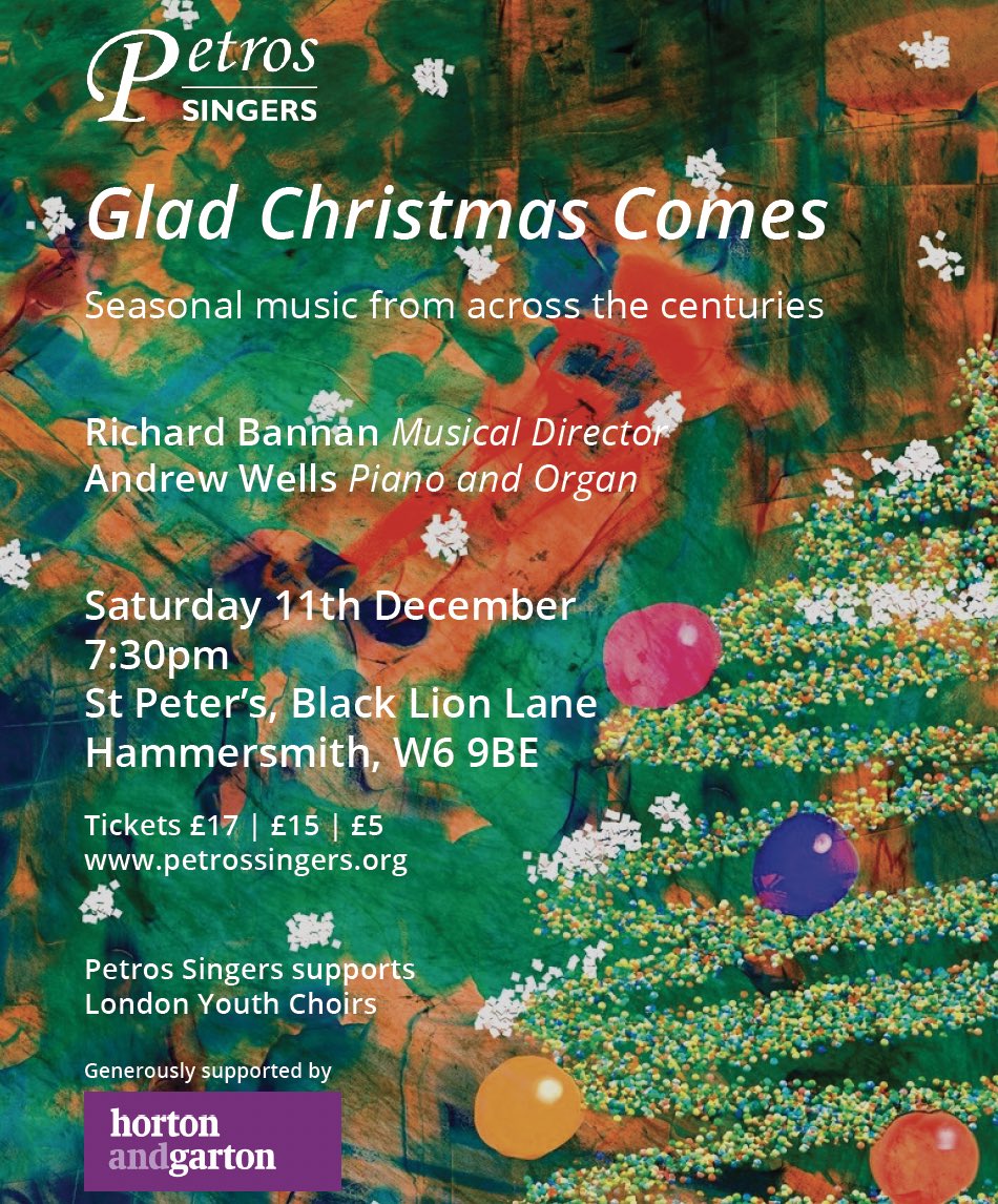 Joyful Christmas music 🎶 through the ages - from Renaissance Italy to contemporary Hollywood - courtesy of the Petros Singers ➡️ book your tickets today using discount code H&amp;G10 for 10% off.

When: Sat, 11 Dec, 7.30pm
Where: St Peter’s Church W6
Tickets: petrossingers.org/events/glad-ch…