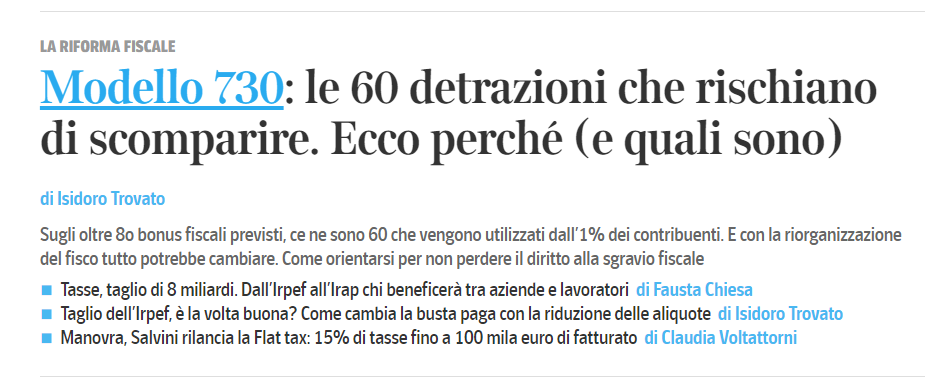Scrive <a href="/isitrovato/">Isidoro Trovato</a> sul <a href="/corriere/">Corriere della Sera</a>: 60 detrazioni sono usate da meno dell'1% dei contribuenti. Bello. Non sarebbe male scrivere anche che il dato, elaborato da <a href="/cafacli/">CAF ACLI</a>, è uscito in un articolo mio e di <a href="/darioqq/">dario aquaro</a> Lunedì 18 ottobre sul <a href="/sole24ore/">IlSole24ORE</a> e poi online 
24plus.ilsole24ore.com/art/bonus-il-r…