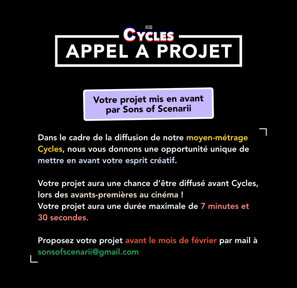 SScenarii's tweet image. Dans le cadre de la diffusion de notre moyen-métrage Cycles, nous vous donnons une opportunité unique de mettre en avant votre esprit créatif.

🗓Proposez votre projet avant le mois de février par mail à sonsofscenarii@gmail.com