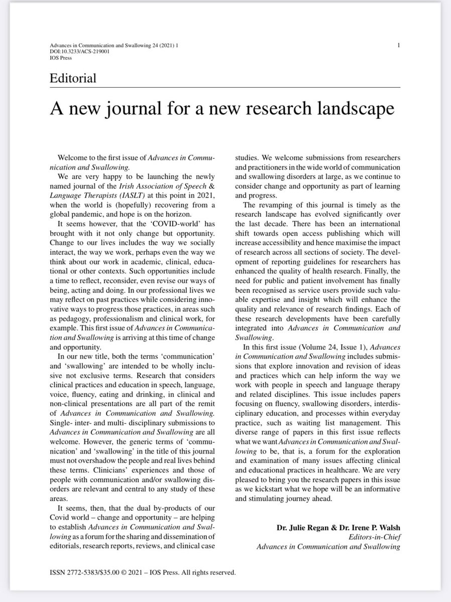 Check out 👀<a href="/ACSJournal/">Advances in Communication and Swallowing</a> editorial from <a href="/JulieRegan_/">Julie Regan</a> &amp; <a href="/IpwalshIrene/">Dr. Irene P. Walsh</a> heralding the start of a new &amp; exciting addition to the publishing landscape in communication &amp; swallowing disorders &amp; related areas content.iospress.com/download/advan…