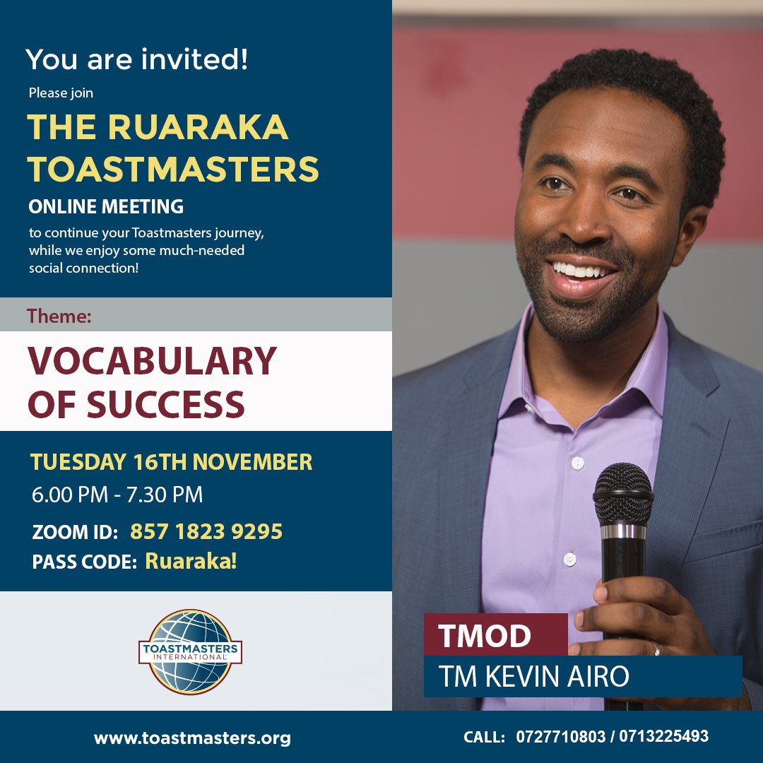 Another exciting Toastmasters meeting is happening today. Our theme: Vocabulary Of Success. 
Join us and connect with others who are building their public speaking, #communication  and leadership skills. #Toastmasters