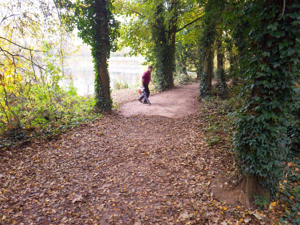 Coate Water today and a volunteer using a leaf blower to clear a path in the woodland. The Ranger in charge said it needs to be done to stop the path from getting damaged!