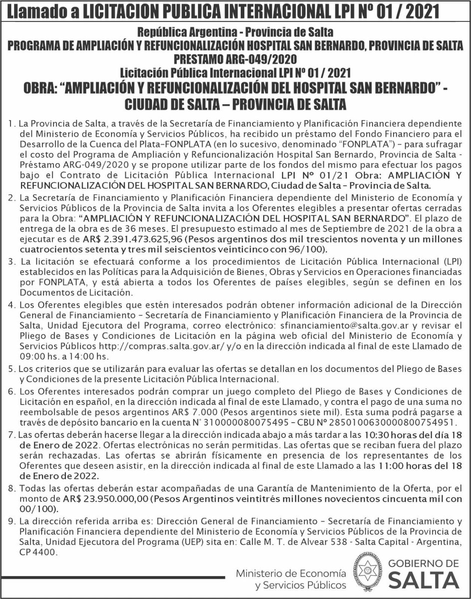 Gustavo Sáenz (@gustavosaenzok) on Twitter photo Nos comprometimos y estamos cumpliendo 🤝
Hoy publicamos la licitación para la ampliación y refuncionalización del hospital San Bernardo, con una inversión de más de US$28 millones, correspondientes a <a href="/Fonplata/">FONPLATA 🇦🇷🇧🇴🇧🇷🇵🇾🇺🇾</a> y a fondos propios. Nos comprometimos y estamos cumpliendo 🤝
Hoy publicamos la licitación para la ampliación y refuncionalización del hospital San Bernardo, con una inversión de más de US$28 millones, correspondientes a <a href="/Fonplata/">FONPLATA 🇦🇷🇧🇴🇧🇷🇵🇾🇺🇾</a> y a fondos propios.