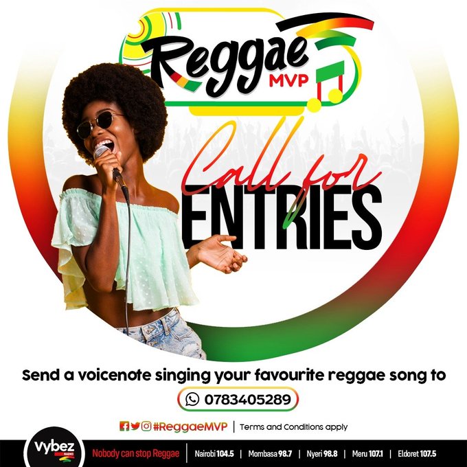 VybezRadioKE's tweet photo. #ReggaeMVP21 is here and we're looking for the next REGGAE SUPERSTAR 🤩  

Do you think you have what it takes?? Send us your voice note singing your favourite Reggae tune to our WhatsApp number: 0783405289 to be one of our WEEK 3 contestants! 🔥 #KwamboxandKev https://t.co/84rOlicgPL