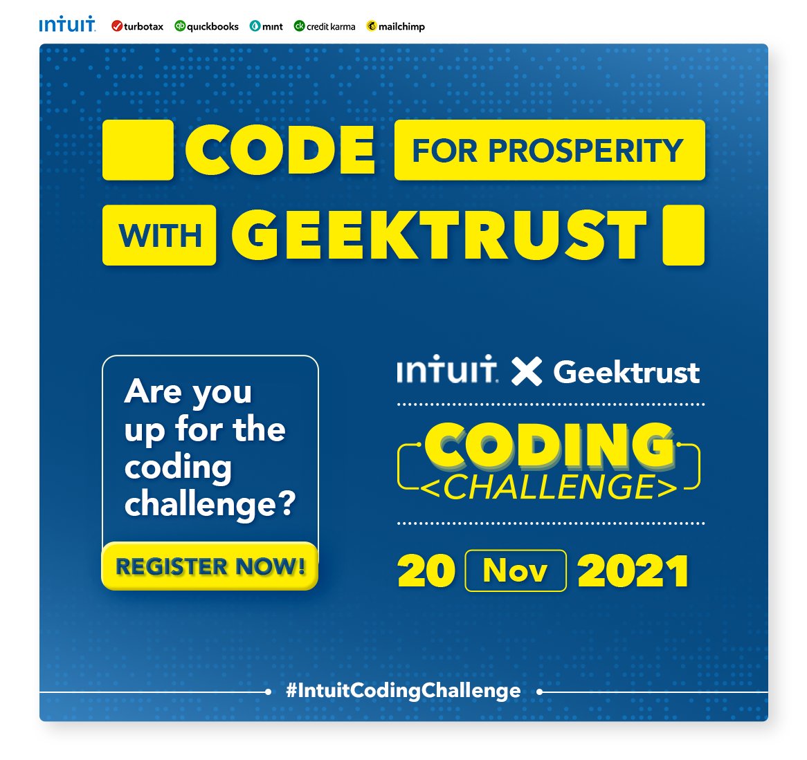 IntuitIN's tweet photo. Calling Backend Engineers to be a part of a culture of innovation and do work that powers the prosperity of millions of customers around the world! Join #IntuitCodingChallenge today.
Learn more and register now https://t.co/R8Da2nTIkf

#CodingChallenge #IntuitTech @geektrust https://t.co/B6WU9XbEjX