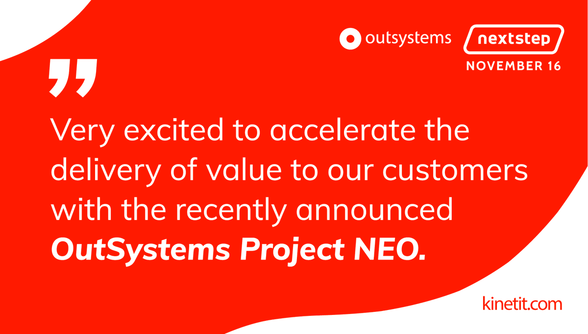 KinetiT's tweet photo. Very excited to accelerate the delivery of value to our customers with the recently announced OutSystems Project NEO.
#OSDevCon #NxStep #OutSystems #OutSystemsPartners https://t.co/7IqhQ2X1uL