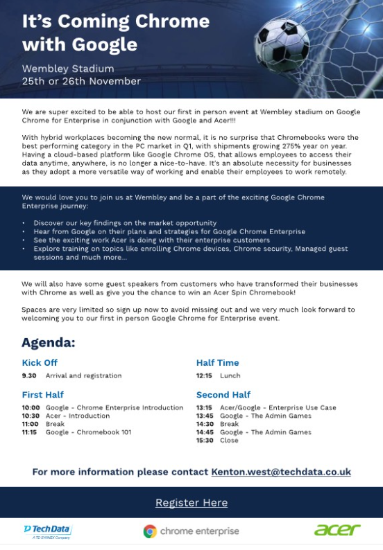 TDS_AS_DeborahP's tweet photo. 25th or 26th November: Tech Data's It's Coming Chrome with Google! Join @Tech_Data and the Google and Acer teams for this informative event at Wembley - Find out more or register today - https://t.co/xMWo5k7WyA
#google #googlechrome #acer https://t.co/2P8fTEWvKx