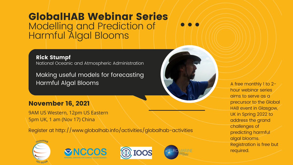 dave_wclarke's tweet photo. The 6th webinar in the #GlobalHAB Modelling and Prediction of Harmful Algal Blooms series continues with Dr. Rick Stumpf @NOAA ‘making useful models for forecasting HAB’ Registration via https://t.co/zCW9M9Mxrf https://t.co/DY1MDs9vVi