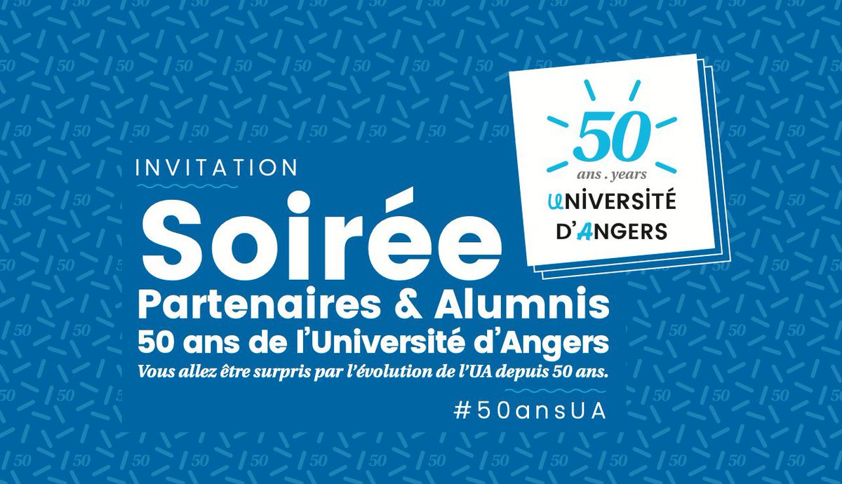 UnivAngers's tweet photo. J-7 🎈! Aurons-nous l’occasion de vous compter parmi nous le 23/11 pour fêter nos 50 ans ? Diplômé.e.s, entreprises, élu.e.s… On vous attend au centre de congrès pour 1 soirée pétillante où vous (re)découvrirez notre histoire &amp; nos valeurs ! S’inscrire 👉 https://t.co/1SoUvrVngO https://t.co/fKYtYYpi1T