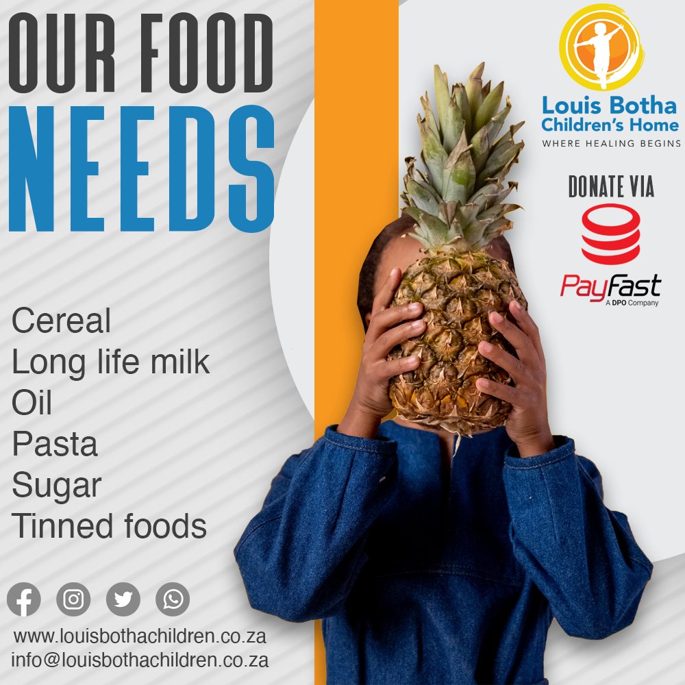 As we rely heavily on your donations, please consider donating much needed food items to our Children's Home!
🌐 louisbothachildren.co.za
📧 info@louisbothachildren.co.za
📞 +12 333 6184
📍 5 Briscoe Lane, Queenswood, Pretoria