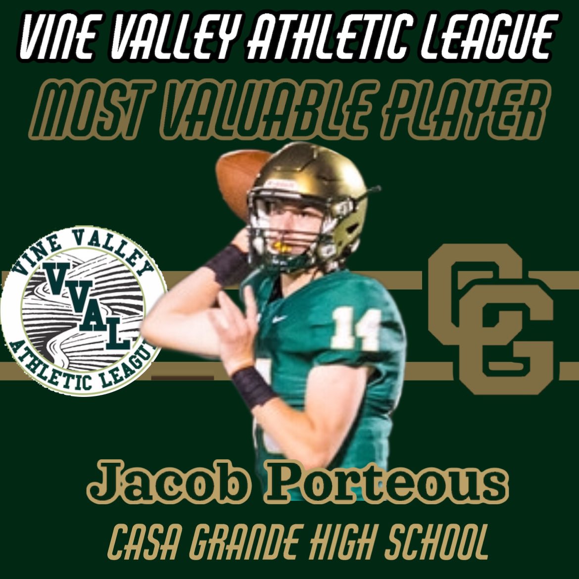 Casa_Football's tweet photo. Congratulations to Jacob Porteous for being selected as the MVP of the Vine Valley Athletic League   The Senior Quarterback threw 151 completions for 2088 Yards and 27 TDs in the six league games. @jporteous115 https://t.co/xVGsDUm2x1