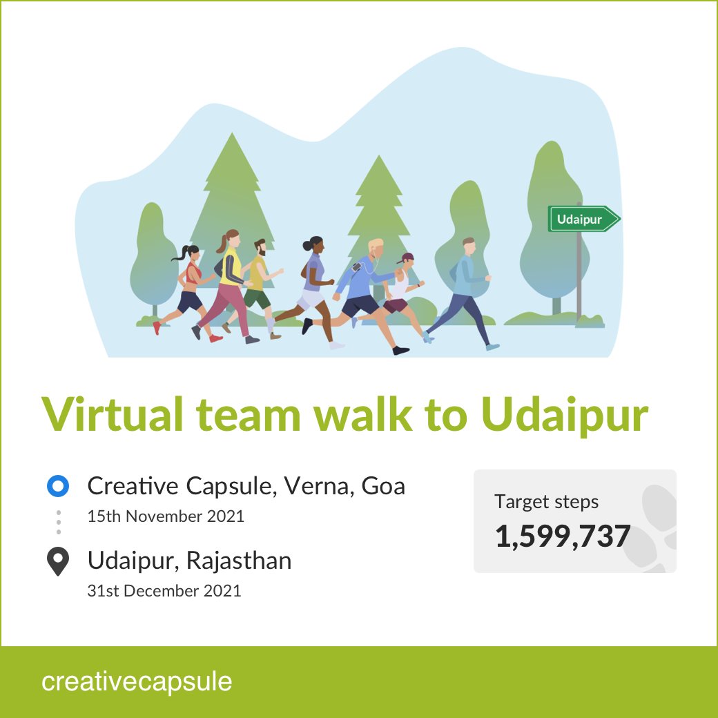 CCI_Connect's tweet photo. We are organizing a fun virtual #WFH Challenge for the next 45 days. Our teams will virtually walk from our Goa office to Udaipur, Rajasthan, to celebrate New Year.
#virtualwalk #walkwithus #virtualtour #CCVirtualwalk #creativecapsule
#walkingchallenge #workoutfromhome https://t.co/yzjksm8adg