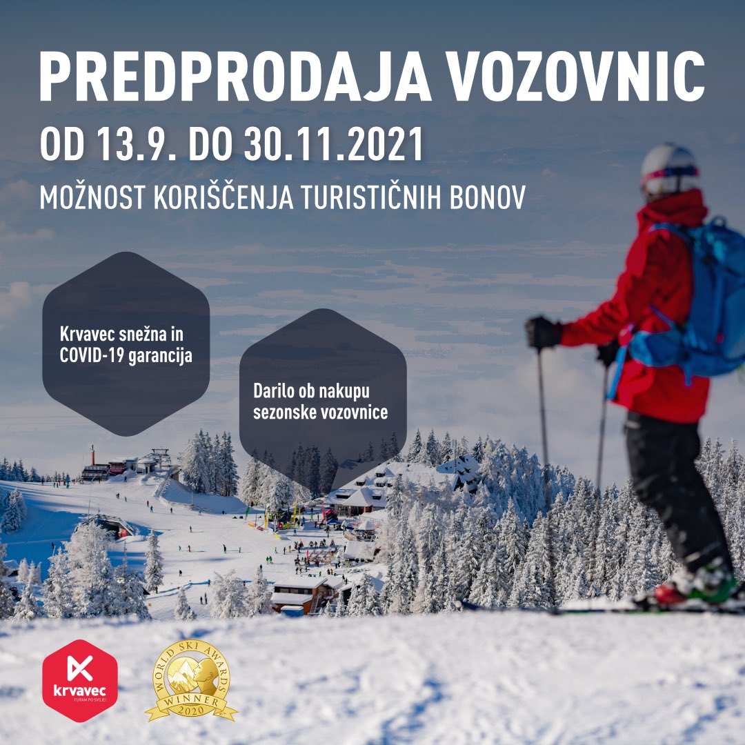 [𝙋𝙍𝙀𝘿𝙋𝙍𝙊𝘿𝘼𝙅𝘼 2021]
MOŽNOST KORIŠČENJA TURISTIČNIH BONOV
Kupim prej, furam Krvavec cenej’!
Kmalu #furamokrvavec 

Več informacij na:
🛒skipass.krvavec.eu 
📩 info@rtc-krvavec.si
📞  042525915