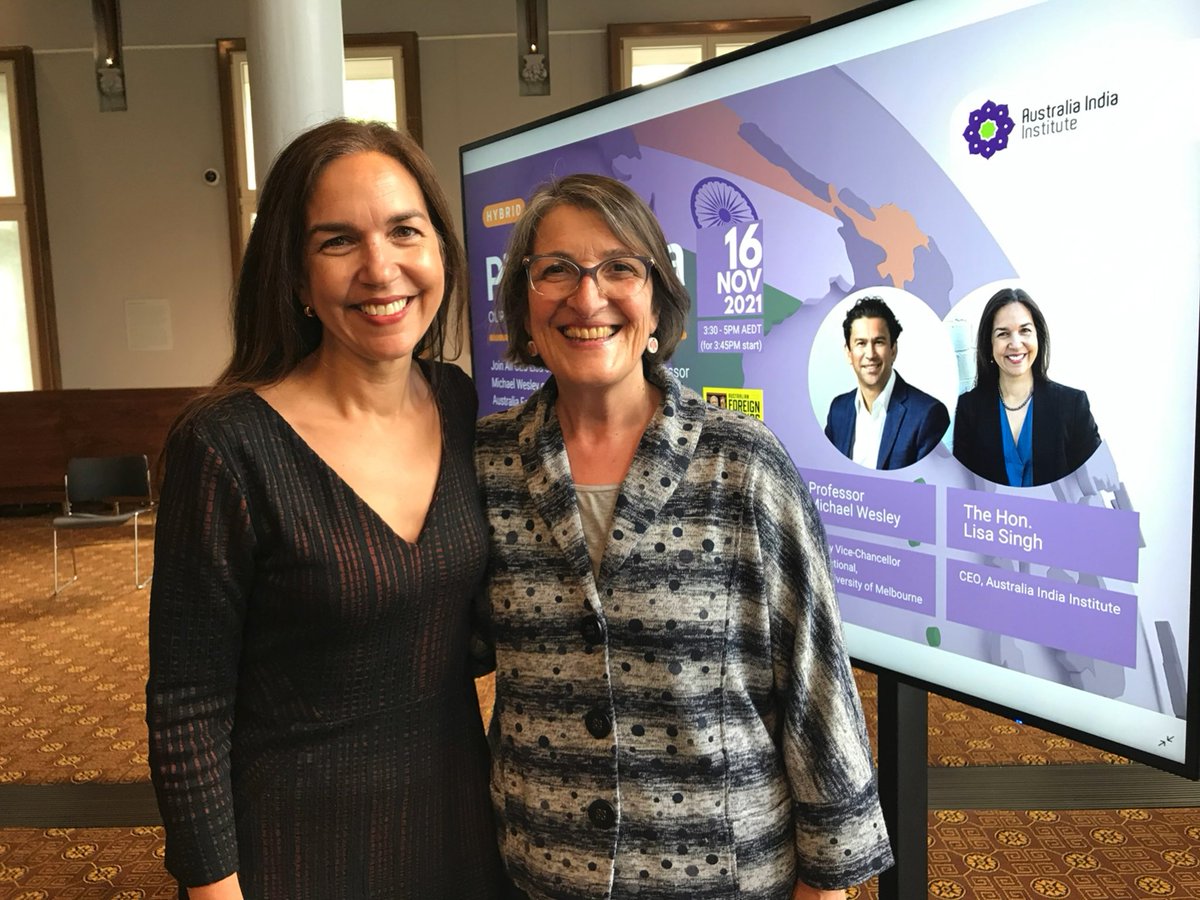 Lovely to see former colleague @Lisa_Singh, now CEO of the Australia India Institute, here at @UniMelb for a conversation with Professor Michael Wesley, Pivot to India.