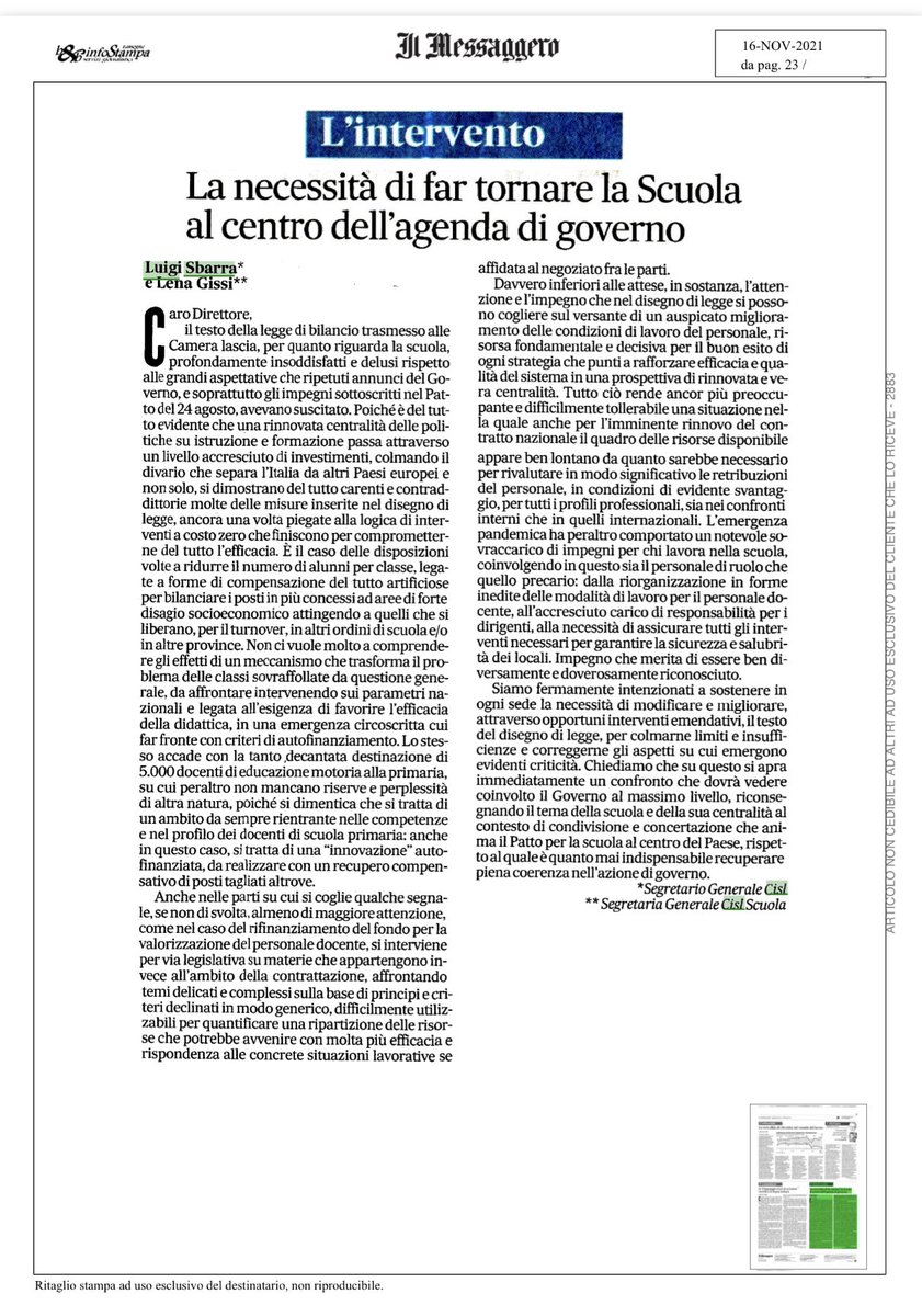 🗞 Il testo della legge di bilancio trasmesso alla Camera lascia, per quanto riguarda la #scuola, insoddisfatti. Chiediamo un confronto per correggerne gli aspetti su cui emergono evidenti criticità: #LuigiSbarra e <a href="/MaddalenaGissi/">Lena</a>, <a href="/cislscuola/">CISL Scuola</a>, su ‘Il Messaggero’ del #16novembre