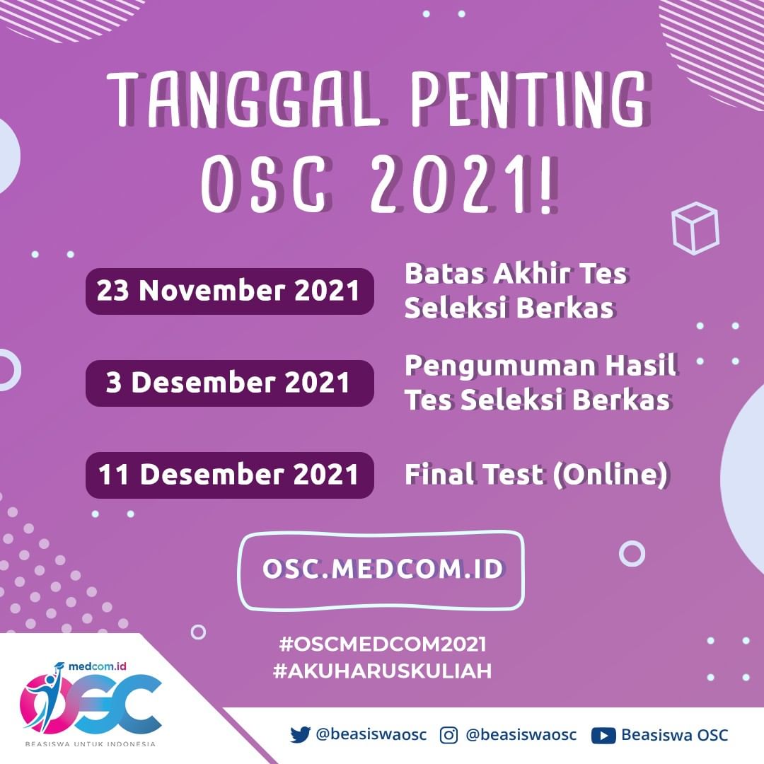 BeasiswaOSC's tweet photo. Setelah lolos di tahap Online Test, selanjutnya ada tahap Seleksi Berkas..... selanjutnya ada apa lagi tahapan di #oscmedcom2021 ?🤔
Simak info diatas ya, #SobatOSC ! Jangan lupa kirim berkas sebelum tanggal 23 November 2021🥳
#oscmedcom2021 #oscmedcomid #oscmedcom https://t.co/mANadG5UMf