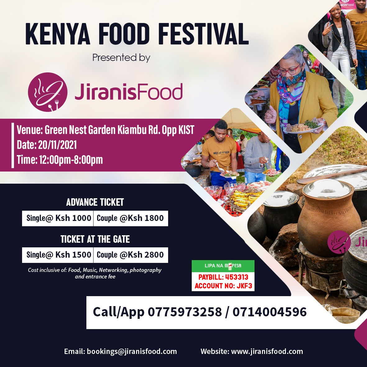 JiranisF's tweet photo. There is going to be something for everyone. This Saturday all roads lead to Green Nest Gardens for the Kenya Food Festival. Get your ticket from https://t.co/PdHzPq1ltF or by paying through paybill 453313, Acc No JKF3.
#MIGUNAMIGUNA #AzziadNasenya #shirleenmukami #kamiti #foodie https://t.co/aDZHpdaSL6