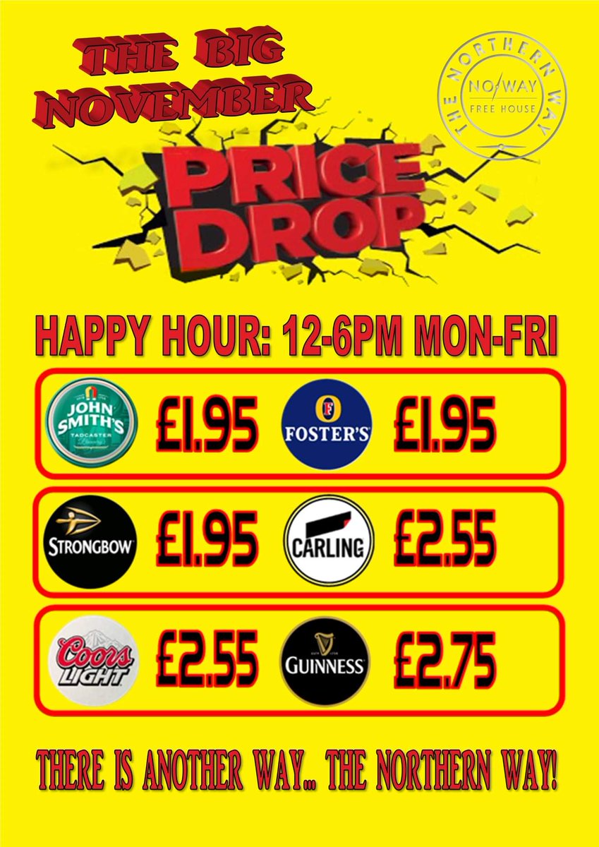 NorthernWayPR1's tweet photo. ⏬ Our #BigPriceDrop carries on throughout November! 

💷 #HappyHour prices between 12-6pm

🎙️ Later on this evening our weekly #OpenMicNight starts at 8pm

👏🏼 It's all going on #Preston! Tuesday is the new Friday! https://t.co/R9BKbn4c7w