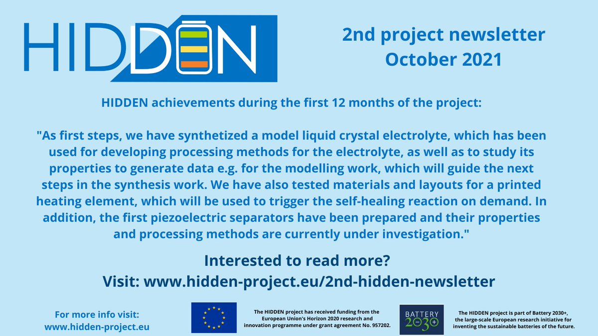HIDDEN Project (@hiddenprojecteu) on Twitter photo Don't miss our 2nd newsletter: hidden-project.eu/2nd-hidden-new… #Battery #batteries #batterytwitter #batterystorage @BID_2021 <a href="/2030Battery/">BATTERY 2030 +</a> <a href="/VTTFinland/">VTT</a> <a href="/CNRS/">CNRS 🌍</a> <a href="/CSEMInfo/">CSEM</a> <a href="/SP_Polymers/">SPECIFIC POLYMERS</a> <a href="/RTDTalos/">RTD Talos</a> <a href="/bfh_hesb/">Berner Fachhochschule</a> 🔋🔋🔋 Don't miss our 2nd newsletter: hidden-project.eu/2nd-hidden-new… #Battery #batteries #batterytwitter #batterystorage @BID_2021 <a href="/2030Battery/">BATTERY 2030 +</a> <a href="/VTTFinland/">VTT</a> <a href="/CNRS/">CNRS 🌍</a> <a href="/CSEMInfo/">CSEM</a> <a href="/SP_Polymers/">SPECIFIC POLYMERS</a> <a href="/RTDTalos/">RTD Talos</a> <a href="/bfh_hesb/">Berner Fachhochschule</a> 🔋🔋🔋