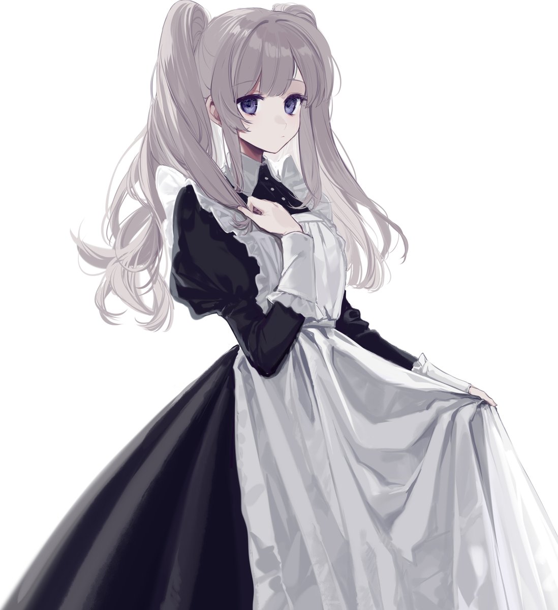 yukoku kiriko 1girl solo twintails white background apron dress maid  illustration images