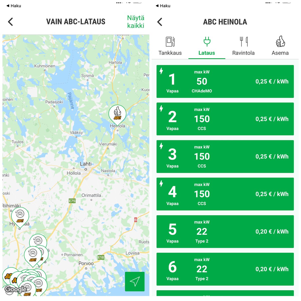 #ABC #Heinola ABC-lataus ABC-mobiililla käynnistettäväksi.

#suurteholataus max 150kW 3 kpl CCS + #teholataus 1 kpl CHAdeMO max 50kW hintaan 25 snt/kWh

#peruslataus 4 kpl max 22kW Type2 20 snt/kWh.

Latauskentällä käytössä dynaaminen tehonjako.

T. ABC-lataus, Marko

#ABCLataus