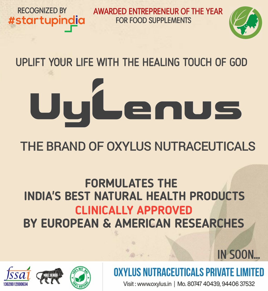 The brand of OXYLUS NUTRACEUTICALS "UYLENUS"
Uplift your health with the healing touch of God 
Oxylus Formulates the INDIA'S BEST natural products, clinically approved by European and American Researches
📍Beware of COVID 3rd WAVE 
📍Use CHOVSAFE to build strong Immunity
#uylenus