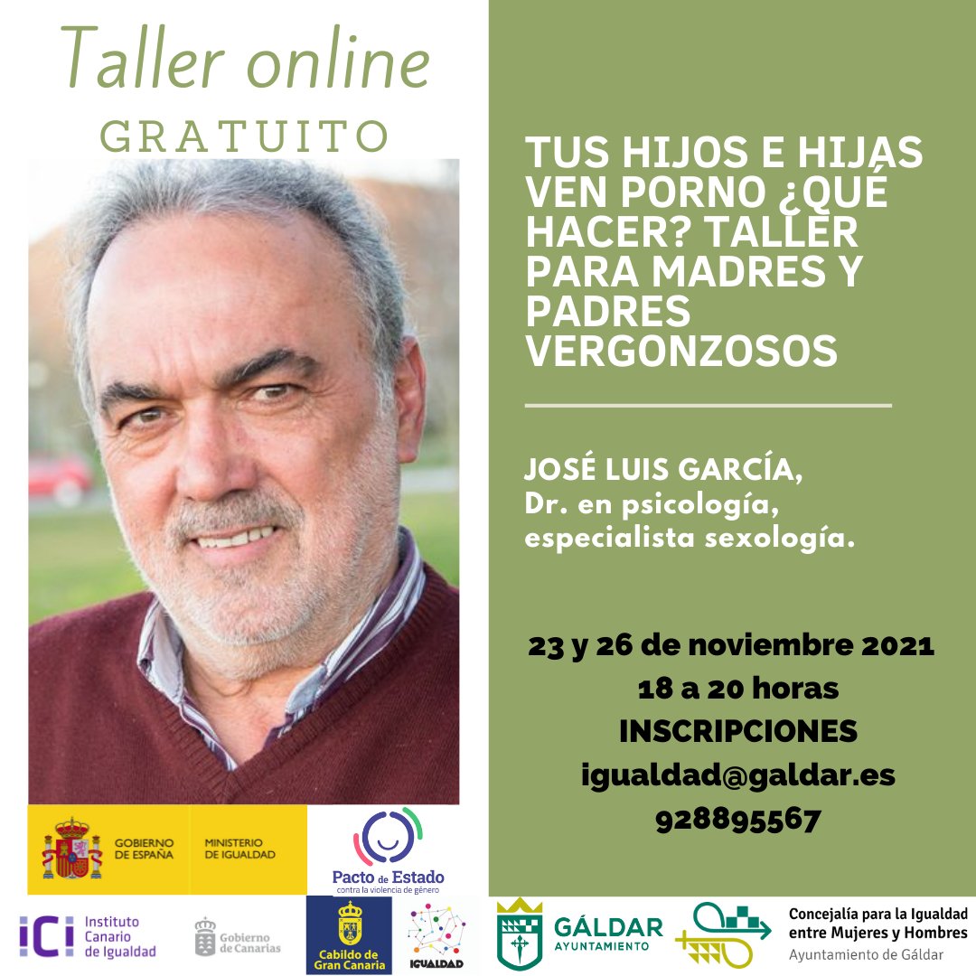 JosLuis70921676's tweet image. A mis seguidores/as canarios: 1º, mi solidaridad con el dolor y el sufrimiento q os está provocando el volcán. 2º, invitaros a un taller para “madres y padres vergonzosos”, sobre el consumo de porno violento en menores, organizado por  Ayuntamiento de Gáldar. Inscripción gratis.