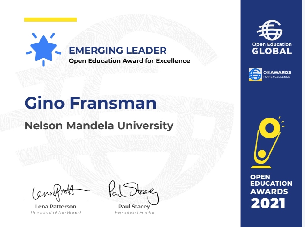 MandelaUni's tweet image. EMERGING LEADER AWARD

Gino Fransman

Nelson Mandela University (Gqeberha, South Africa)

Read full story: awards.oeglobal.org/awards/2021/em…
