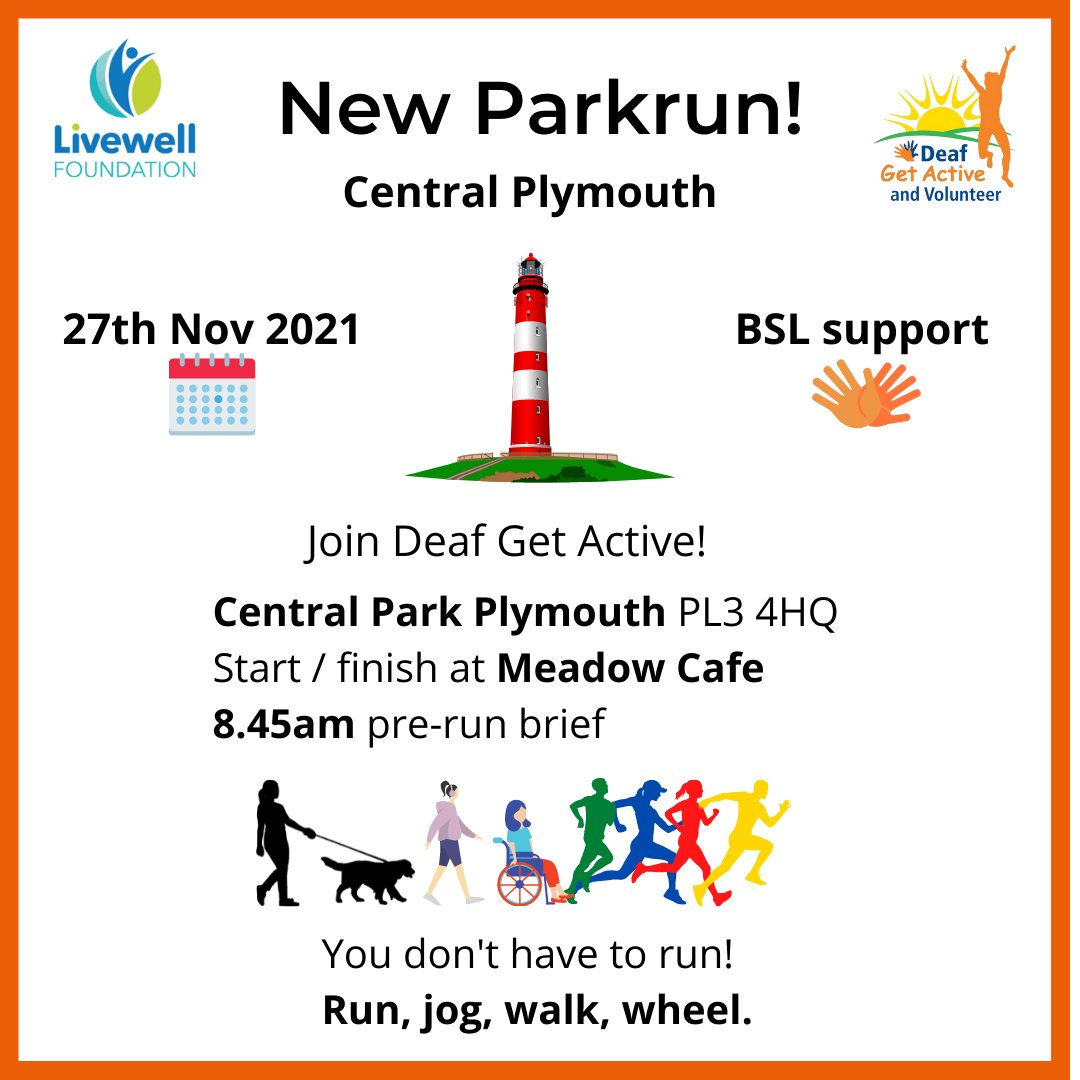 Deaf Get Active (@deafgetactive) on Twitter photo Join us 27th November at the NEW Central Plymouth Parkrun!
BSL support, pre-run brief 8.45am.
Run, walk or roll!
Don't forget your barcode, must register before coming.
Course page: parkrun.org.uk/centralplymout…
#DeafGetActive
<a href="/LivingOptions/">Living Options Devon</a> <a href="/livewellsw/">Livewell Southwest</a> <a href="/parkrunUK/">parkrun UK</a> <a href="/activedevon/">Active Devon</a> Join us 27th November at the NEW Central Plymouth Parkrun!
BSL support, pre-run brief 8.45am.
Run, walk or roll!
Don't forget your barcode, must register before coming.
Course page: parkrun.org.uk/centralplymout…
#DeafGetActive
<a href="/LivingOptions/">Living Options Devon</a> <a href="/livewellsw/">Livewell Southwest</a> <a href="/parkrunUK/">parkrun UK</a> <a href="/activedevon/">Active Devon</a>