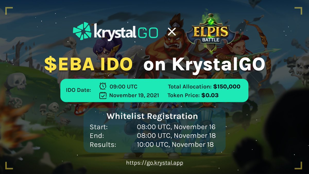 KrystalDeFi's tweet photo. 📝 Registration for @ElpisBattle starts now 🚀
📍 https://t.co/h9G2W0a1IT

Ends: Nov 18, 08:00 UTC
Results: Nov 18, 10:00 UTC

Full guide here https://t.co/avxMUt66K9

Public Pool: 149,500 BUSD
Partner Pool: 500 BUSD (for KrystalGO Giveaway winners) https://t.co/ebGIYkYp6Z