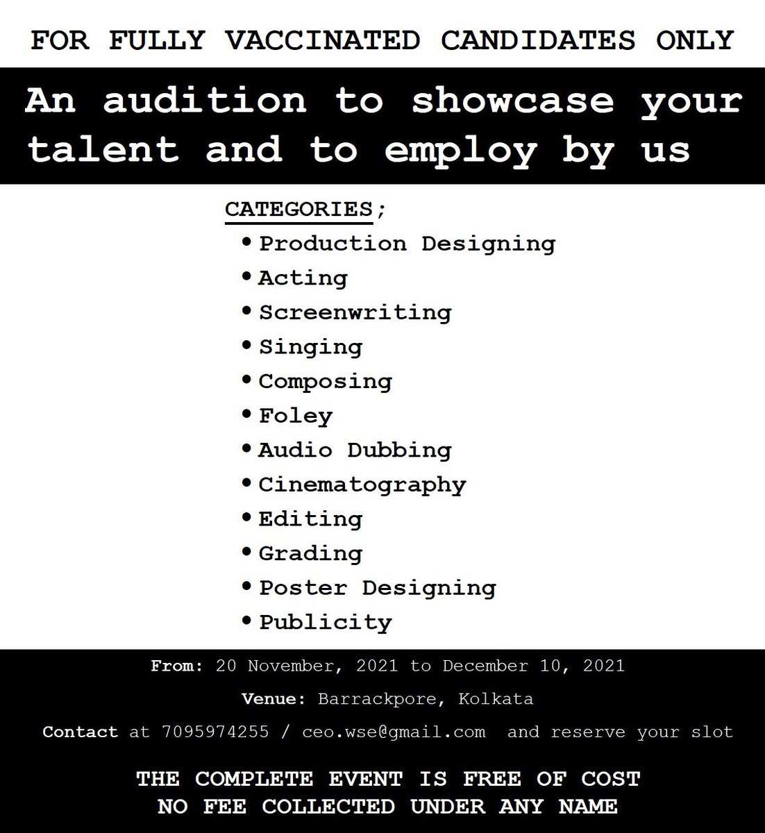at_WESTSIDE's tweet photo. An #Audition FOR FULLY VACCINATED CANDIDATES
CATEGORIES;
#ProductionDesigning
#Acting
#Screenwriting
#Singing
#Composing
#Cinematography
#Editing
#Grading
and more....
Venue: #Barrackpore #Kolkata
Contact at 7095974255 / ceo.wse@gmail.com and reserve your slot https://t.co/ip9ZCdxZSN