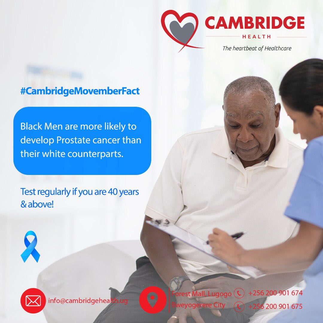 CHealthUG's tweet photo. #CambridgeMovemberFact
Black Men are more likely to develop Prostate Cancer than their white counterparts!!
Test regularly if you are 40 years & above!
#TheHeartbeatofHealthcare #ProstateCancer #ProstateCancerTesting #Blackmen #tuesdayvibe https://t.co/mvdEmcocSq